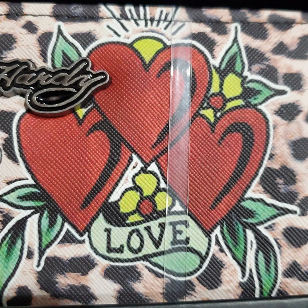 Ed Hardy y2k Cheetah zip around wallet gunmetal rose monogrammed keyring set new